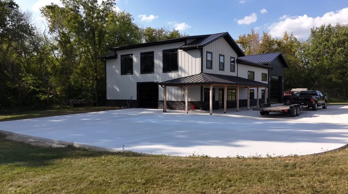 Modern home with professional concrete driveway in DeKalb, IL